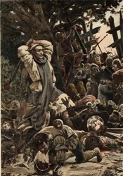 Broder Jean, munk i Seuille-klosteret, slår soldaterne i Picrocholes, kongen af Lernes, hær med en kæp. Gargantua. Illustration af Jules Garnier. I "Rabelais et l