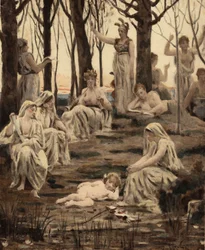 Cupido (Amor) sover blandt muserne. Hans bue og pile har hans fødder. Venus (Afrodite), hans mor, ovenpå i midten. Pantagruel. Illustration af Jules Garnier. I "Rabelais et l