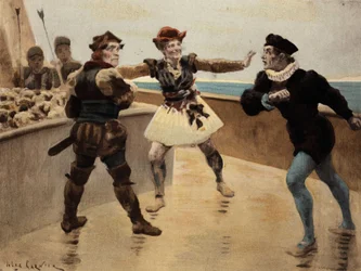 Strid mellem Panurge (til højre) og Dindenaut (Dindenault), en købmand fra Taillbourg, der nægter at tage sit sværd. Pantagruel. Illustration af Jules Garnier. I "Rabelais et l