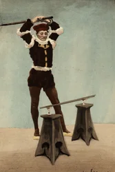 Eusthenes slår på pinden, der hænger på to glas, som Panurge har sat op. Pantagruel. Illustration af Jules Garnier. I "Rabelais et l