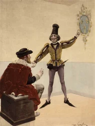 Englands konge Edouart (Edward) V sidder på sit toilet og kigger på Frankrigs våbenskjold, som hans læge viser ham. Pantagruel. Illustration af Jules Garnier. I "Rabelais et l