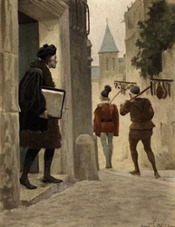 Mester Janotus (Ianotus) fra Bragmardo forlader Gargantuas parisiske hjem og tager de gaver med, som Gargantua har tilbudt. Gargantua. Illustration af Jules Garnier. I "Rabelais et l