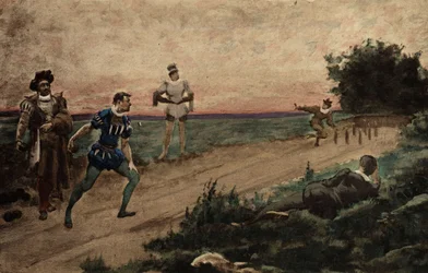 Mænd, der spiller bowling. Gargantua. Illustration af Jules Garnier. I "Rabelais et l