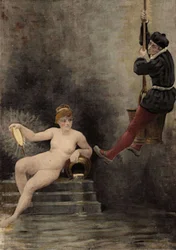 Panurge stiger ned i brønden eller, ifølge Heraklit (Heraclitus), er sandheden symboliseret ved en kvinde. Pantagruel. Illustration af Jules Garnier. I "Rabelais et l