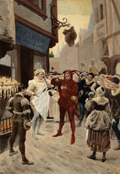 Paris, Roustissoir (rotisseri) i Peer Chatelet. Konflikt mellem en ansat og en mand, der beskyldes for ikke at have betalt for sit måltid. Pantagruel. Illustration af Jules Garnier. I "Rabelais et l