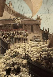 Panurges får: På Dindenauts (Dindenault) båd kaster får og købmænd sig i havet. Pantagruel. Illustration af Jules Garnier. Rabelais og Jules Garniers arbejde