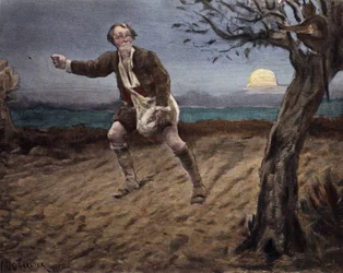 Djævelen sidder i et træ og taler med en bonde, der sår en hund. Pantagruel. Illustration af Jules Garnier. I "Rabelais et l