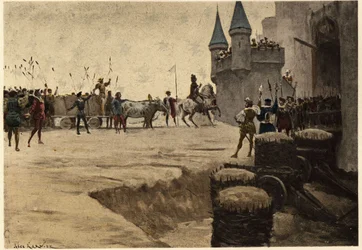 Ulrich Gallets hær, sendt af Grandgousier, Gargantuas far, foran Picrocholes slot, kongen af Lerne, med stokke og siv som tegn på fred. Gargantua. Illustration af Jules Garnier. I "Rabelais et l