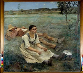 Hø. En kvinde sidder i græsset ved siden af en mand, der sover i høstsæsonen. 1877. Sol. 1,80 x 1,95 m