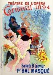 Kunst. Underholdning. Maskeradebal i Operaen i Paris til karnevallet. Plakat af Jules Cheret, Frankrig