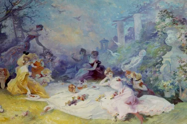 Morgenmad på græsset Scene af en picnic på landet. Maleri af Jules Cheret (1836-1932) Nice fra det 20. århundrede, Musee Cheret