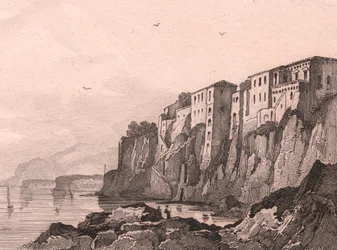 Udsigt over Sorrento med Torquato Tassos hus, Campania, Italien, stålstik af Sauvage efter tegning af Jules Coignet (1798-1860), ca 13x10 cm