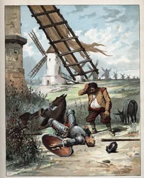 Don Quijote og vindmøllerne - Illustration af Jules David (1808-1892) fra Historien om Don Quijote (Don Quijote) - 1887 - af Miguel de Cervantes Saavedra (1547-1616)