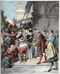 Sancho Panza udnævnes til guvernør over øen Barataria - Sancho Panza bliver gjort til evig guvernør over øen Barataria - Illustration af Jules David (1808-1892) fra Histoire de Don Quichotte (Don Quichotte) - 1887 - af Miguel de Cervantes Saavedra