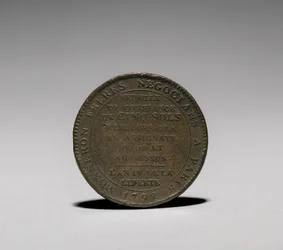 Medalje: Fem Soler udstedt af Monneron Brothers, Paris, 1792 bagside.