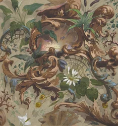 Design til tapet med skaller, åkander og havkager, 1830-97. Skaber: Jules-Edmond-Charles Lachaise, Eugène-Pierre Gourdet.