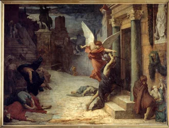 Pesten i Rom Allegorisk fremstilling af blomsten, der bryder igennem dørene. Maleri af Jules Elie Delaunay (1828-1891) 1869. Dim. 1,31 x 1,76 m Paris, musee d