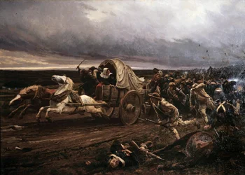 Udgangen af Cholet-oprøret bevæbnet i Vendee i marts 1793, irettesat i oktober af konventet og de republikanske hære, trak de "Hvide" sig tilbage mod Loire. Maleri af Jules Girardet (1856-1938)