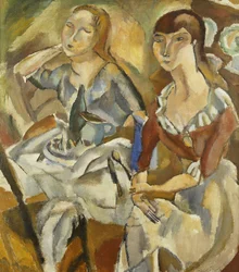 Unge kvinder ved et bord; Unge piger ved borde (Recto), ca. 1915-1919 (olie på lærred)