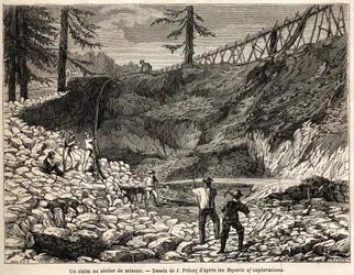 Et minekrav eller værksted i Californien, tegning af Jules Pelcoq, for at illustrere historien om Baron de Wogans tur til Californien i 1850-1852. Indgravering i "" Le tour du monde, nouveau journal des voyages"" Paris