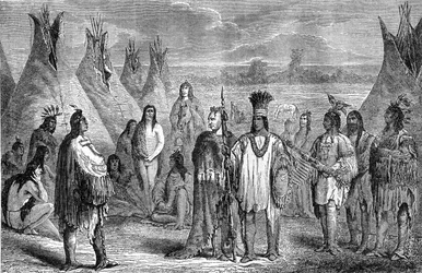Gruppe af Delawares-indianere i deres tipi-lejr. Gravering tilskrevet Janet Lange, ca. 1870. Illustration af Hachette-udgaven fra 1888 af bogen "The Last of the Mohicans", efter Fenimore Cooper.