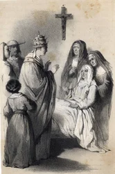 Repræsentation af Saint Claire (Chiara) af Assisi (ca. 1192-1253), grundlæggeren af den religiøse orden Clares i "The illustrious Women of Europe". Af grevinde Drohojowska, født Symon af Latreiche. Illustrerende tegninger af Jules David og Raunheim. omkrin