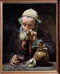 Drankeren. En gammel mand ryger pibe og drikker et glas vin. Maleri af Jules Rousset (1840-?), 19. århundrede, Orléans, Kunstmuseet
