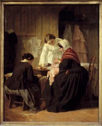 Tre kvinder syr. Maleri af Jules Trayer (1824 - 1909)