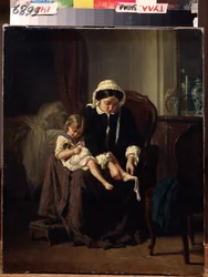 Morgentoilettet (morgentoilettet). En mor (eller tjener?) hjælper et barn med at klæde sig på. Maleri af Jules Treyer (1824-1908). Olie på lærred, 47 x 39 cm