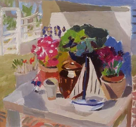 Blomster, krukker og yachter i Loggiaen (olie om bord)