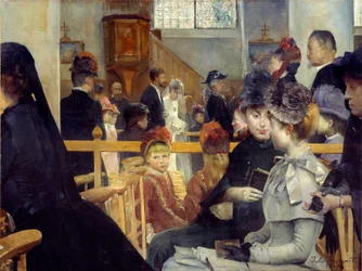 Bryllupsceremoni bryllup i en kirke. Maleri af Julie Delance Feurgard (1859-1892) 1884 Brest, Museum of Fine Arts