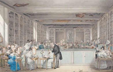 Pierre-Joseph Redoutés skole for botanisk tegning i Salle Buffon i Jardin des Plantes, 1830 (wc og grafit på papir)