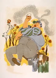 Humoristisk vinillustration 1946.Illustration af Julien Pavil