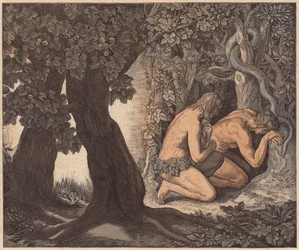 Adam og Eva gemmer sig i haven, Første Mosebog, III, 8 (koloreret stik)