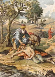 Den barmhjertige samaritaner (farvelitografi)