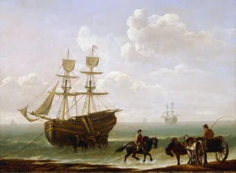 En mursten fanget på kysten, læsset af i vogne. Olie på lærred, ca. 1790, af Julius Caesar Ibbetson (1759-1817).