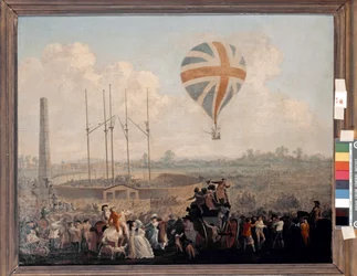 Den anden himmelfart af Vincenzo Lunardi i London (olie på lærred)