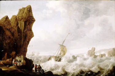 En fiskerbåd med to master (hooker) i oprørt hav, klemt inde i en passage omgivet af en kystlinje med stejle klipper. Olie på træ, omkring 1620, af Julius Porcellis (1609-1645).