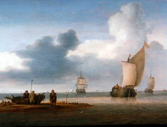 Strandscene med sejlbåde og fiskere (olie på panel)