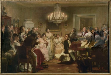 Schubert ved klaveret under en Schubert-aften i en wienersalon ... (oliemaleri)