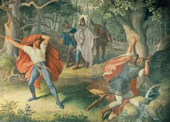 Hagen dræber Siegfried ved springvandet, Hall of Nibelungens