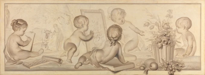 Seks putti med blomster og frugter og egenskaber ved tegnekunsten