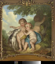 Tre børn med to hunde