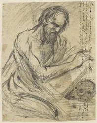 H. Hieronymus, skriver i en bog, han holder over et kranie
