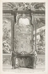 Cabinet of Count Bielenski Grand Marechal of the Crown of Poland udført i 1734; Chimneypiece med spejl, med en del af de bærende paneler og malerier på hver side, 1st Plate