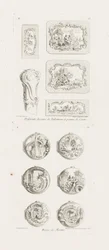 Forskellige designs til snusbokse og et rørhåndtag, 5. plade, pl. 53 i arbejde af Juste-Aurèle Meissonnier