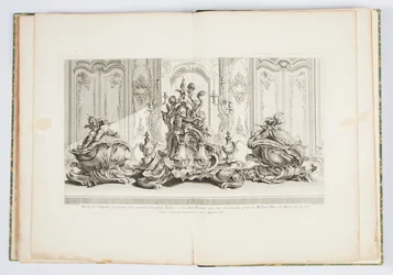 Projekt for en sølvskulptur af et stort bordcenter og de to terriner...Udført for Millord Kinston (sic) i 1735 (Design for centerpiece og to terriner til hertugen af ​​Kingston i 1735) plade 115 i værk af Just- Aurele Meissonnier