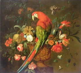 Scarlet ara anbragt på en skulptureret urne med blomster (olie på lærred)