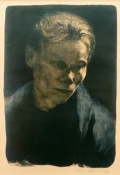 K. Kollwitz, halvlangt portræt af en arbejderkvinde