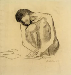 K. Kollwitz, hugsiddende nøgen kvinde